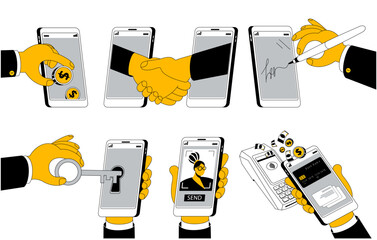 Hands perform different manipulations with the phone. Set of vector illustrations in a linear style. Hand with a pen signs something on the phone. Cartoon style.