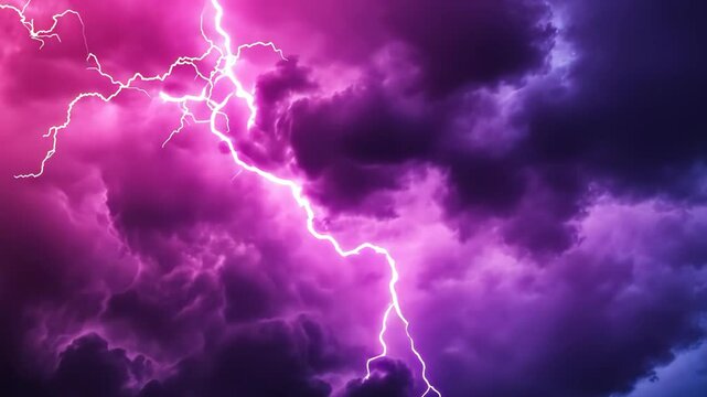 Dramatic Thunderstorm With Multiple Lightning Bolts in Vivid Pink and Purple Sky