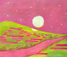 A round moon with stars over a mountainside in a pink sunset. Stylized landscape mixed media gouache handmade Illustration.