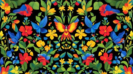 Vibrant Floral and Butterfly Pattern Colorful Painted Textile Design Black Background