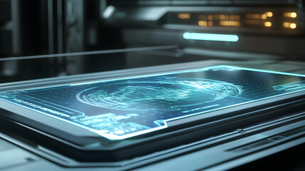 Cutting-edge solar panel technology featuring a holographic interface to visualize energy generation, highlighting efficiency and sustainability.