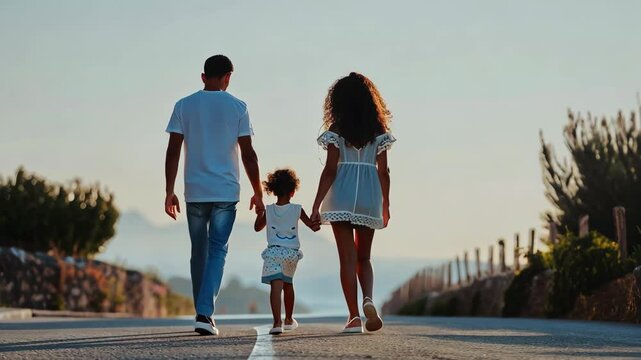 happy family with a child on a walk