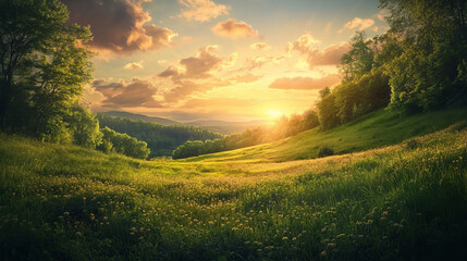 Obraz premium green grass sun set meadow grassland landscape 3d render illustration. 3D Illustration