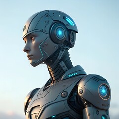 A sleek humanoid robot with a futuristic design showcasing intricate mechanical details
