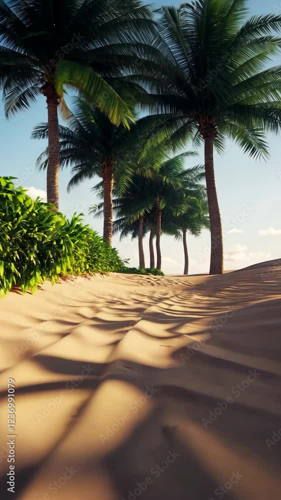Poster sunlit sandy path lined with palm trees and lush vegetation in a tropical setting
