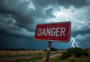 A powerful lightning bolt strikes during a dramatic thunderstorm, with a high-voltage power line and a lightning warning sign in the foreground.