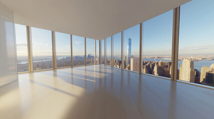 Fototapeta premium 360 panorama of a modern empty room with large windows and city views vr environment map. 3D Illustration