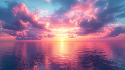 Obraz premium Vibrant sunset over calm ocean with colorful clouds reflecting on the water's surface