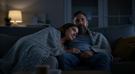 Fototapeta premium A couple relaxes on a living room couch, wrapped in a cozy blanket, enjoying watching movies together