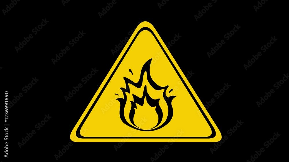 Poster video animation signaling triangular base, warning of fire flame or flammable product, on a transpar
