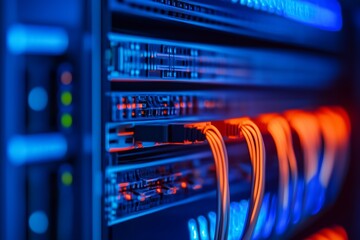Naklejka premium Network server with illuminated cables showing data connections in a technology facility