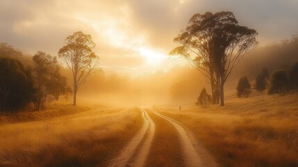 Golden Sunrise Path: A Misty Morning's Journey
