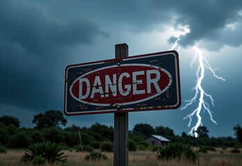 Obraz premium A powerful lightning bolt strikes during a dramatic thunderstorm, with a high-voltage power line and a lightning warning sign in the foreground.