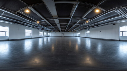Naklejka premium 360 degree panorama of a modern, empty industrial space with white walls and black ceiling panels vr environment map. 3D Illustration