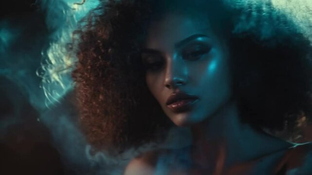 Female model scene with curly hair, smooth repetitive motion for background video animation