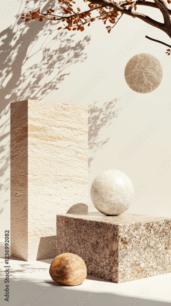 Poster minimalist shapes in serene composition indoor studio digital art soft background top-down view enha