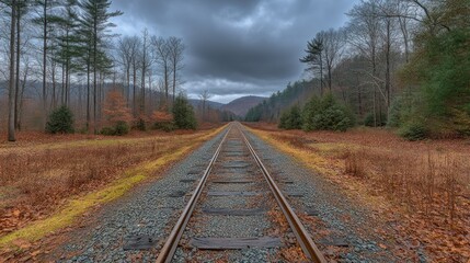 Fototapeta premium Railroad Tracks Leading to Mountains under a Dramatic Sky