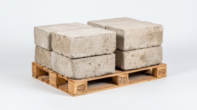 Stacked concrete blocks rest on a wooden pallet against a plain background, showcasing industrial simplicity and construction readiness.