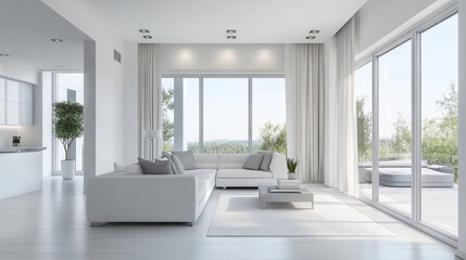 Fototapeta premium Modern white interior architecture with open space and natural light 3d render illustration. 3D Illustration