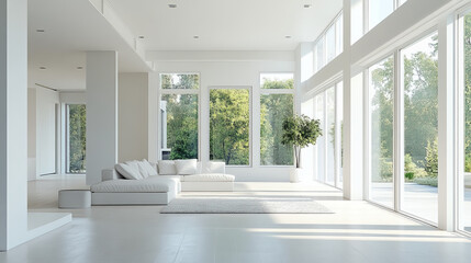 Fototapeta premium Modern white interior architecture with open space and natural light 3d render illustration. 3D Illustration