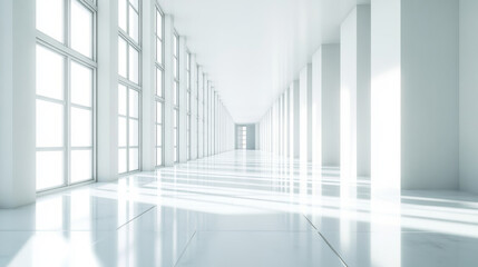 Obraz premium Modern white building interior with open space and natural light 3d render illustration. 3D Illustration