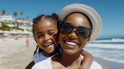 Obraz premium A joyful mother and daughter share laughter on a sunny beach, with waves in the background, capturing the essence of happiness and togetherness.