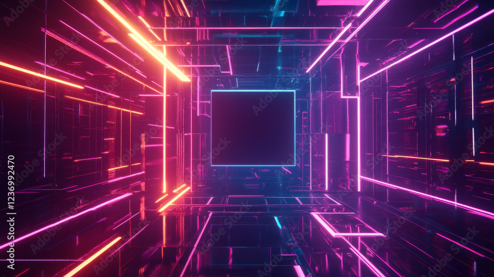 Poster dark abstract concrete cube geometric shape cube elements with neon lights 3d render illustration. 3