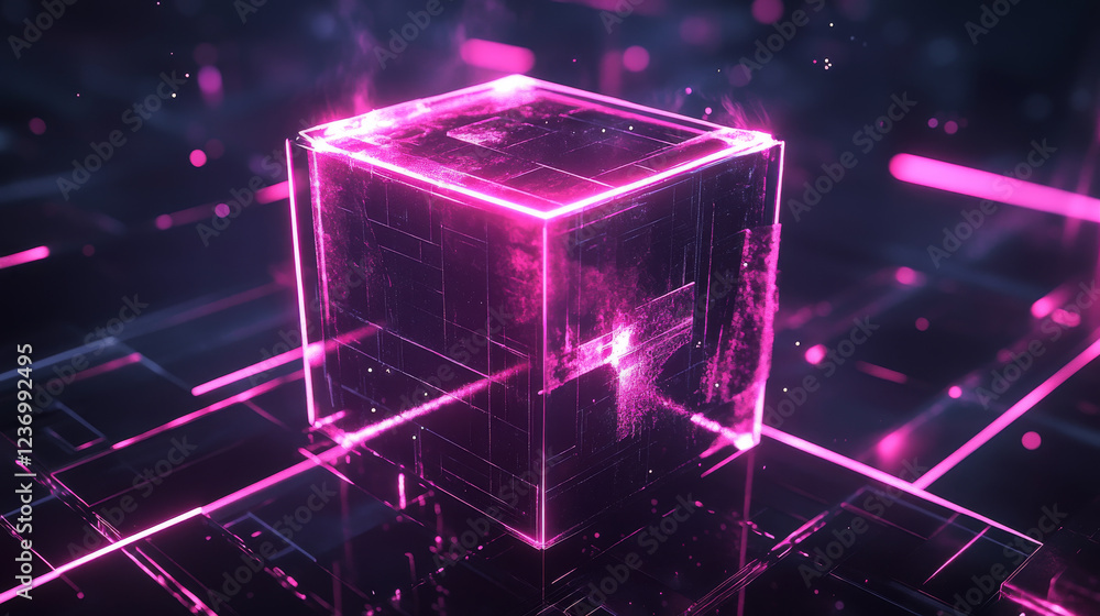 Poster dark abstract concrete cube geometric shape cube elements with neon lights 3d render illustration. 3