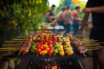 A group of friends enjoying vegan barbecue in a backyard.