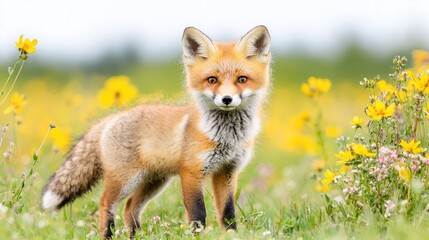 Fototapeta premium Red fox kit in yellow flower meadow