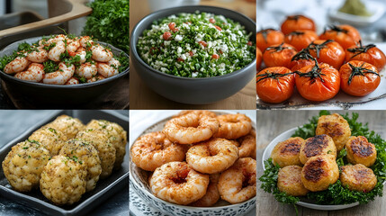 Delicious seafood & vegetable dishes, food collage