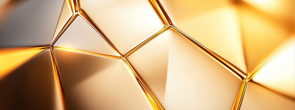 Golden metallic triangular pattern surface with light reflections. Abstract background for beauty and and technology concept. With copy space. 