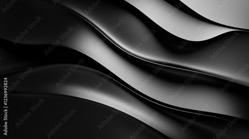 Poster modern abstract black surface reflection with curves 3d render illustration on white background