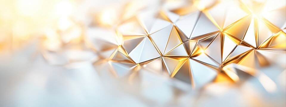 Golden metallic triangular pattern surface with light reflections. Abstract background for beauty and and technology concept. With copy space. 