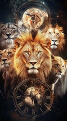 Majestic lions, cosmic clock, pride, universe background; ideal for power, strength themes.