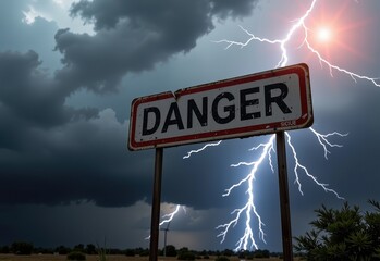 A powerful lightning bolt strikes during a dramatic thunderstorm, with a high-voltage power line and a lightning warning sign in the foreground.