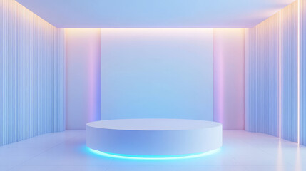 abstract modern futuristic round white metal podium with blue neon lighting. minimal studio with white pedestal in white room. 3D render illustration