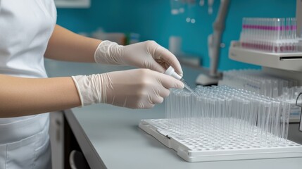 Gloved hands carefully handle a pipette in a sterile lab setting, preparing for precise scientific experiments.