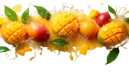 Juicy Mangoes Splashing Tropical Summer Fruit, Sweet Green Drink, isolated on transparent background.