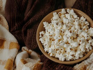 Close-up of a bowl filled with popcorn, nestled amongst cozy blankets, perfect for a relaxing movie night at home.