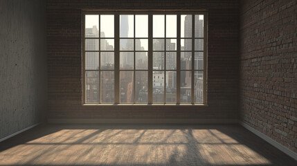 Empty room with window in urban environment 3d render illustration. 3D Illustration