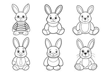 Set of cute plush bunnies for coloring. Collection of plush toys. Illustration, sketch