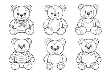 Set of cute teddy bears for coloring. Collection of plush toys. Illustration, sketch