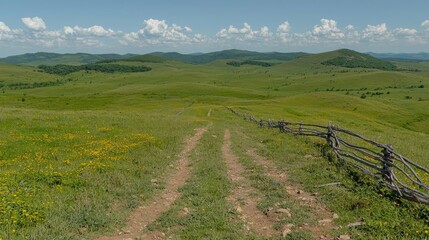 Rolling hills, dirt road, wooden fence, summer landscape, travel photo