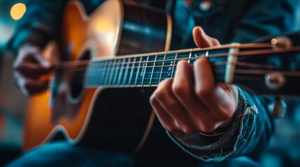 Obraz premium This dynamic image captures a musician's hands skillfully playing an acoustic guitar, conveying the passion and artistry behind music creation in a warm setting.