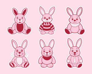 Set of cute plush bunnies in different poses. Collection of pink plush toys. Illustration