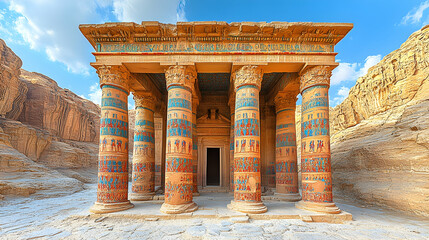 Desert Temple Ancient sandstone structure in arid landscape, sunny day. Historical site tourism