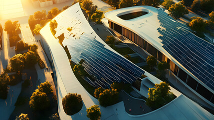 Drone shot of a futuristic solar power plant with sleek solar panels integrated into a modern architectural design, emphasizing energy production and sustainable solutions.