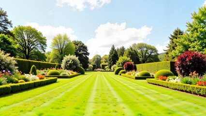 Lush garden landscape with colorful flower beds, vibrant tranquility