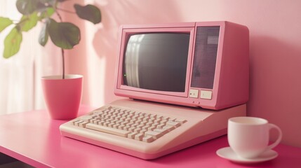 A charming vintage pink computer rests on a pastel-colored table, radiating a nostalgic vibe perfect for retro aesthetics and playful home office setups.